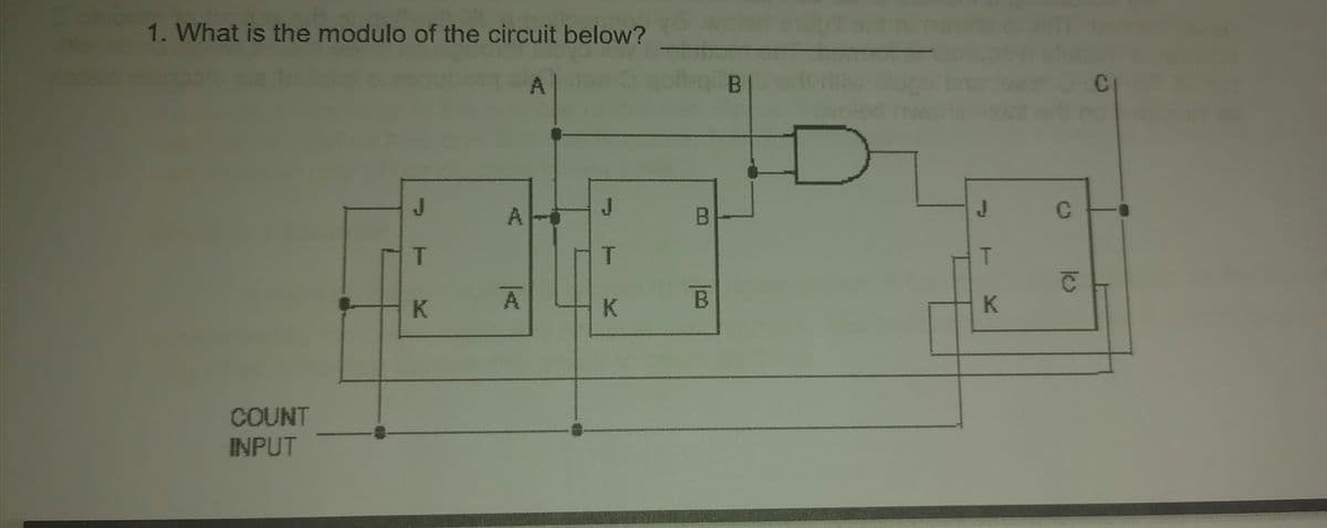 1. What is the modulo of the circuit below?
A
COUNT
INPUT
T
K
A
T
K
B
B
BI
J
T
K
OCCI
C
ko