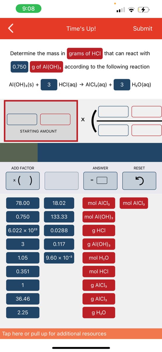 9:08
Time's Up!
Submit
Determine the mass in grams of HCI that can react with
0.750 g of Al(OH); according to the following reaction
Al(OH)3(s) +
3
HCI(aq) → AICI3(aq) +
H2O(aq)
STARTING AMOUNT
ADD FACTOR
ANSWER
RESET
*( )
78.00
18.02
mol AICI,
mol AICI,
0.750
133.33
mol Al(OH)3
6.022 x 1023
0.0288
g HCI
3
0.117
g Al(OH),
1.05
9.60 x 10-3
mol H20
0.351
mol HCI
1
g AICI3
36.46
g AICI3
2.25
g H20
Tap here or pull up for additional resources
-
