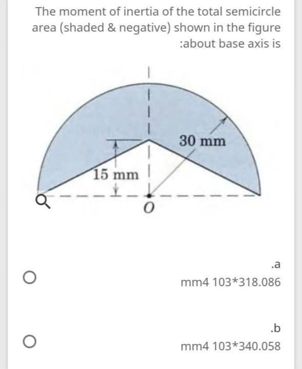 The moment of inertia of the total semicircle
area (shaded & negative) shown in the figure
:about base axis is
30 mm
15 mm
.a
mm4 103*318.086
.b
mm4 103*340.058
