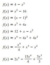S(x) = 4 – x2
%3D
f(x) = x² - 16
f(x) = (x – 1)?
f(x) = x³ + 4x
S(x) = 12 +x - ²
%3D
f(x) = x* – 4x³ + 4x?
f(x) = -
+ x' - x?
4
– x²
15x*, 5x
S(x) = 2r
%3D
4
3.
