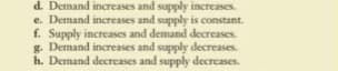 d. Demand increases and supply increases.
e. Demand increases and supplly is constant.
f. Supply increases and demand decreases.
g. Demand increases and supply decreases.
h. Demand decreases and supply decreases.
