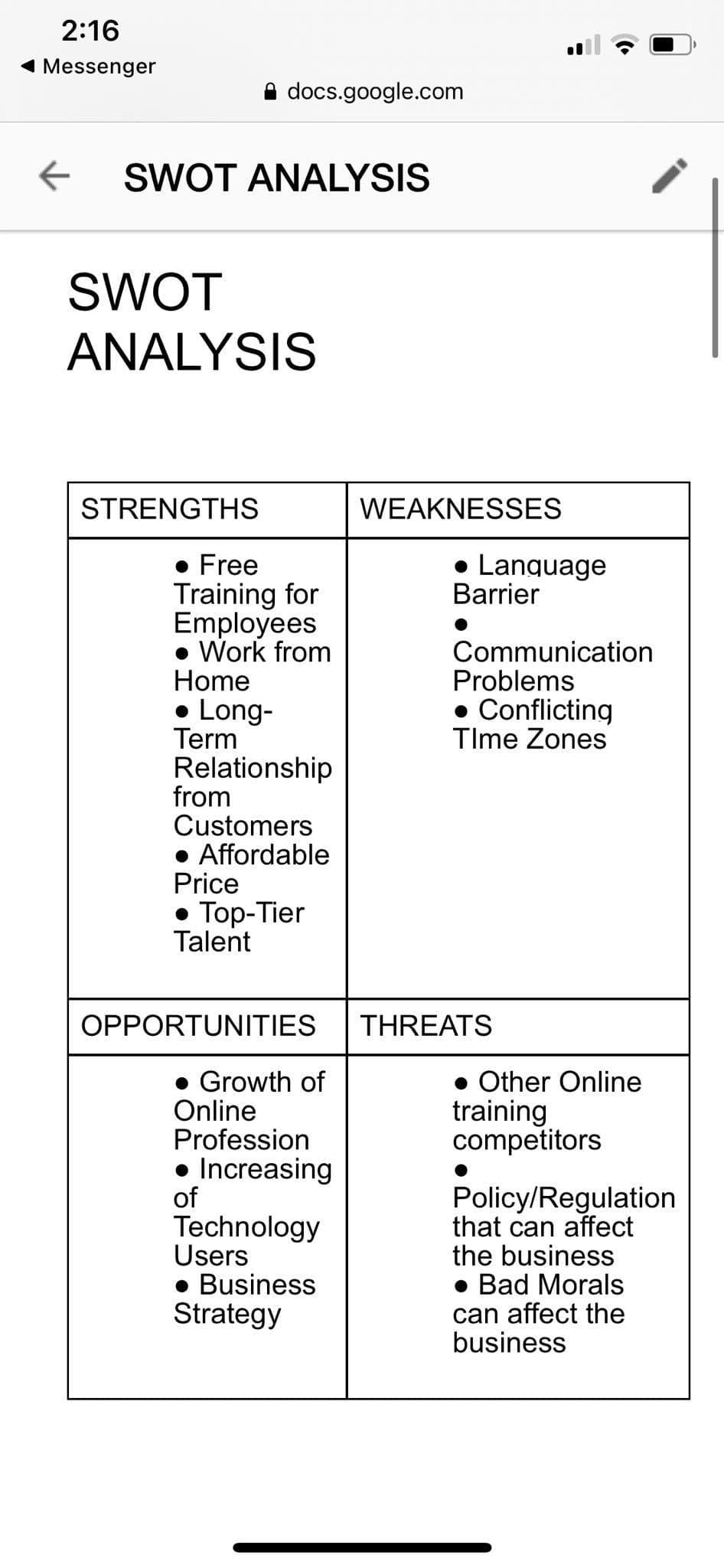 2:16
1 Messenger
A docs.google.com
SWOT ANALYSIS
SWOT
ANALYSIS
STRENGTHS
WEAKNESSES
• Lanquage
Barrier
• Free
Training for
Employees
• Work from
Home
• Long-
Term
Relationship
from
Customers
• Affordable
Price
Communication
Problems
• Conflicting
TIme Zones
• Top-Tier
Talent
OPPORTUNITIES
THREATS
Growth of
Online
Profession
• Other Online
training
competitors
• Increasing
of
Technology
Users
Business
Strategy
Policy/Regulation
that can affect
the business
Bad Morals
can affect the
business
