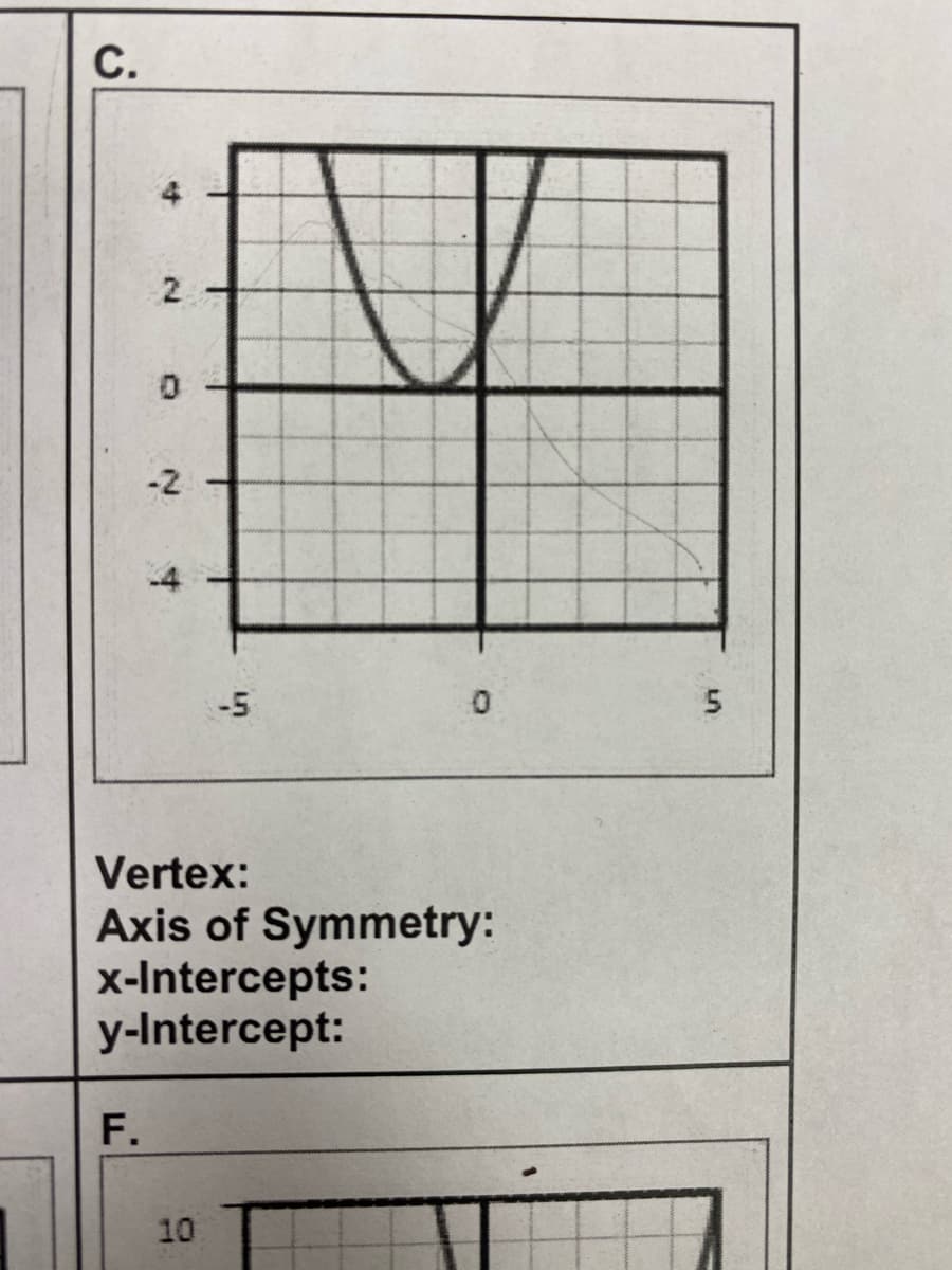 С.
-2
-5
Vertex:
Axis of Symmetry:
x-Intercepts:
y-Intercept:
F.
10
4.

