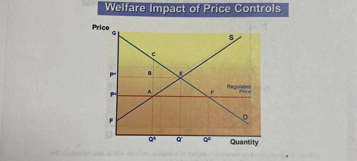 Welfare Impact of Price Controls
Price
G
P*
Regulated
Price
A
Po
F
QS
Q'
QD
Quantity

