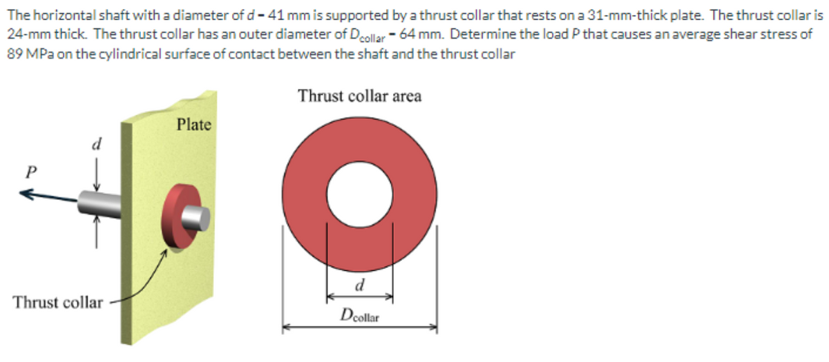 The horizontal shaft with a diameter of d-41 mm is supported by a thrust collar that rests on a 31-mm-thick plate. The thrust collar is
24-mm thick. The thrust collar has an outer diameter of Dcollar - 64 mm. Determine the load P that causes an average shear stress of
89 MPa on the cylindrical surface of contact between the shaft and the thrust collar
Thrust collar area
P
Thrust collar
Plate
d
Dcollar