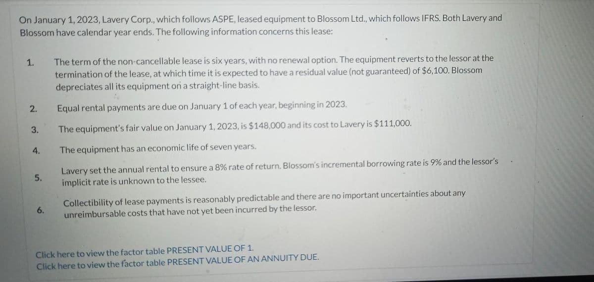 On January 1, 2023, Lavery Corp., which follows ASPE, leased equipment to Blossom Ltd., which follows IFRS. Both Lavery and
Blossom have calendar year ends. The following information concerns this lease:
1.
2.
3.
4.
5.
6.
The term of the non-cancellable lease is six years, with no renewal option. The equipment reverts to the lessor at the
termination of the lease, at which time it is expected to have a residual value (not guaranteed) of $6,100. Blossom
depreciates all its equipment on a straight-line basis.
Equal rental payments are due on January 1 of each year, beginning in 2023.
The equipment's fair value on January 1, 2023, is $148,000 and its cost to Lavery is $111,000.
The equipment has an economic life of seven years.
Lavery set the annual rental to ensure a 8% rate of return. Blossom's incremental borrowing rate is 9% and the lessor's
implicit rate is unknown to the lessee.
Collectibility of lease payments is reasonably predictable and there are no important uncertainties about any
unreimbursable costs that have not yet been incurred by the lessor.
Click here to view the factor table PRESENT VALUE OF 1.
Click here to view the factor table PRESENT VALUE OF AN ANNUITY DUE.