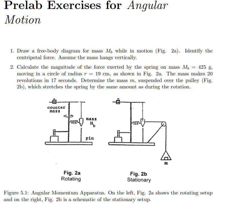 Prelab Exercises for Angular
Motion
1. Draw a free-body diagram for mass M, while in motion (Fig. 2a). Identify the
centripetal force. Assume the mass hangs vertically.
2. Calculate the magnitude of the force exerted by the spring on mass M = 425 g,
moving in a circle of radius r = 19 cm, as shown in Fig. 2a. The mass makes 20
revolutions in 17 seconds. Determine the mass m, suspended over the pulley (Fig.
2b), which stretches the spring by the same amount as during the rotation.
counter
mass
class
fmm (J
14
Fig. 2a
Rotating
Fig. 2b
Stationary
Figure 5.1: Angular Momentum Apparatus. On the left, Fig. 2a shows the rotating setup
and on the right, Fig. 2b is a schematic of the stationary setup.
pin