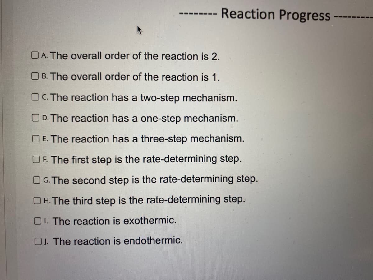 Reaction Progress
----
O A. The overall order of the reaction is 2.
O B. The overall order of the reaction is 1.
OC. The reaction has a two-step mechanism.
O D. The reaction has a one-step mechanism.
O E. The reaction has a three-step mechanism.
OF. The first step is the rate-determining step.
O G. The second step is the rate-determining step.
H. The third step is the rate-determining step.
O1. The reaction is exothermic.
OJ. The reaction is endothermic.
