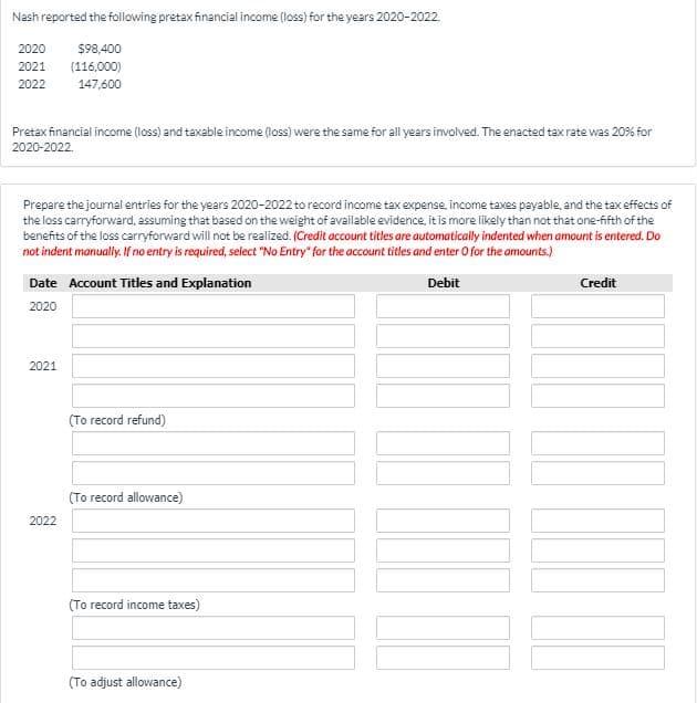 Nash reported the following pretax financial income (loss) for the years 2020-2022.
2020
$98,400
2021
(116,000)
2022
147,600
Pretax financial income (loss) and taxable income (loss) were the same for all years involved. The enacted tax rate was 20% for
2020-2022.
Prepare the journal entries for the years 2020-2022 to record income tax expense, income taxes payable, and the tax effects of
the loss carryforward, assuming that based on the weight of available evidence, it is more likely than not that one-fifth of the
benefits of the loss carryforward will not be realized. (Credit account titles are automatically indented when amount is entered. Do
not indent manualy. If no entry is required, select "No Entry" for the account titles and enter O for the amounts.)
Date Account Titles and Explanation
Debit
Credit
2020
2021
(To record refund)
(To record allowance)
2022
(To record income taxes)
(To adjust allowance)
