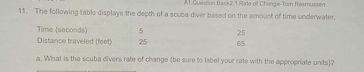 A1.Question Bank2.1.Rate of Change-Tom Rasmussen
11. The following table displays the depth of a scuba diver based on the amount of time underwater.
Time (seconds)
5
25
Distance traveled (feet)
a. What is the scuba divers rate of change (be sure to label your rate with the appropriate units)?
25
65