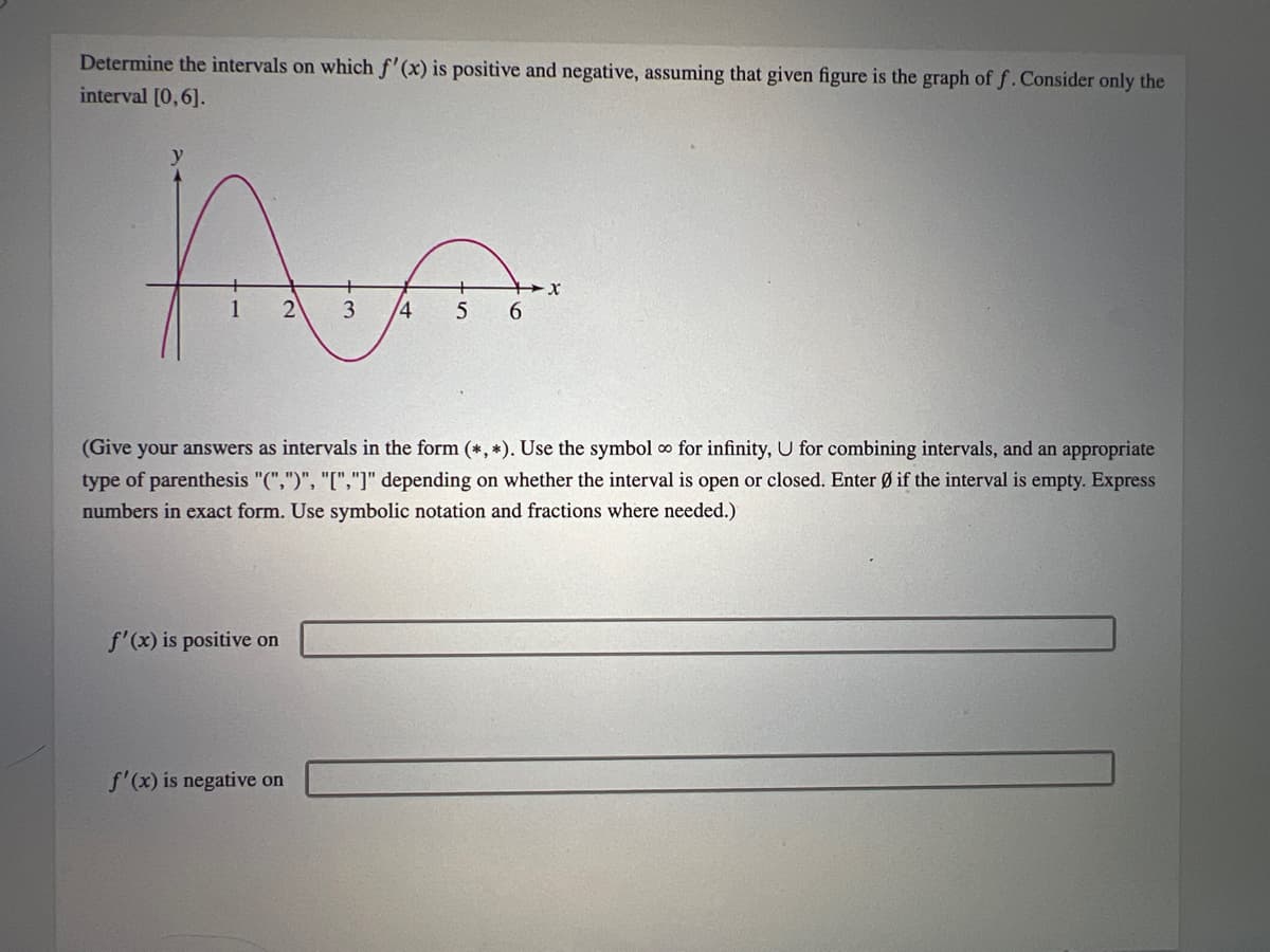 Determine the intervals on which f'(x) is positive and negative, assuming that given figure is the graph of f. Consider only the
interval [0,6].
An
1 2 3 4 5 6
(Give your answers as intervals in the form (*, *). Use the symbol ∞ for infinity, U for combining intervals, and an appropriate
type of parenthesis "(",")", "[","]" depending on whether the interval is open or closed. Enter Ø if the interval is empty. Express
numbers in exact form. Use symbolic notation and fractions where needed.)
f'(x) is positive on
f'(x) is negative on