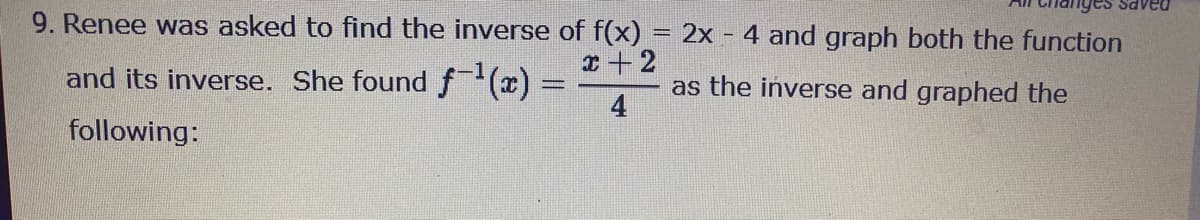 9. Renee was asked to find the inverse of f(x)
2x
4 and graph both the function
I+2
and its inverse. She found f (2)%3=
as the inverse and graphed the
%3D
following:
