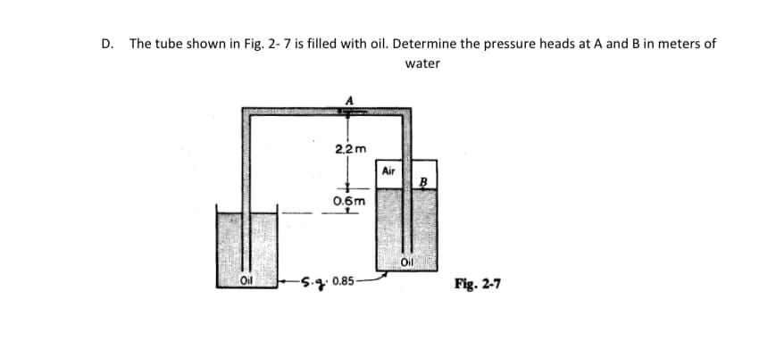 D. The tube shown in Fig. 2-7 is filled with oil. Determine the pressure heads at A and B in meters of
water
2.2m
Air
B
0.6m
Oil
Oil
S.g. 0.85-
Fig. 2-7
