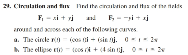 29. Circulation and flux Find the circulation and flux of the fields
F = xi + yj
around and across each of the following curves.
a. The circle r(t) = (cos t)i + (sin t)j, 0 <t< 2m
b. The ellipse r(t) = (cos t)i + (4 sin t)j,
and
F, = -yi + xj
