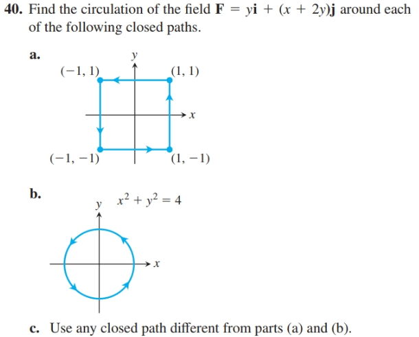 40. Find the circulation of the field F = yi + (x + 2y)j around each
of the following closed paths.
a.
(-1, 1)
(1, 1)
(-1, –1)
(1, – 1)
b.
x² + y? = 4
c. Use any closed path different from parts (a) and (b).
