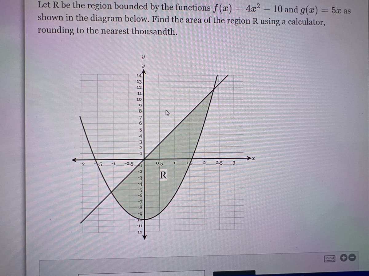 Let R be the region bounded by the functions f (x) = 4x² – 10 and g(x) = 5x as
shown in the diagram below. Find the area of the region R using a calculator,
rounding to the nearest thousandth.
14
13
12
11
10
9.
8
9-
4.
3
1
5
-1
-0.5
0.5
16
2.5
3.
-2
R
-3.
-4
-5
-6
-7
-8
6-
-11
-12
