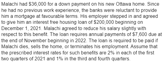 Malachi had $36,000 for a down payment on his new Ottawa home. Since
he had no previous work experience, the banks were reluctant to provide
him a mortgage at favourable terms. His employer stepped in and agreed
to give him an interest free housing loan of $200,000 beginning on
December 1, 2021. Malachi agreed to reduce his salary slightly with
respect to this benefit. The loan requires annual payments of $7,600 due at
the end of November beginning in 2022. The loan is required to be paid if
Malachi dies, sells the home, or terminates his employment. Assume that
the prescribed interest rates for such benefits are 2% in each of the first
two quarters of 2021 and 1% in the third and fourth quarters.