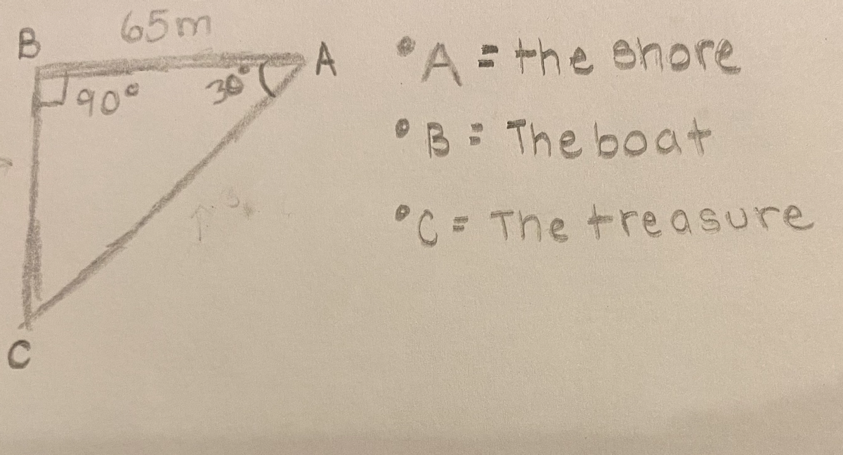 B
65m
A A=the ehore
90°
30°
°B The boat
°C= The tre asure
