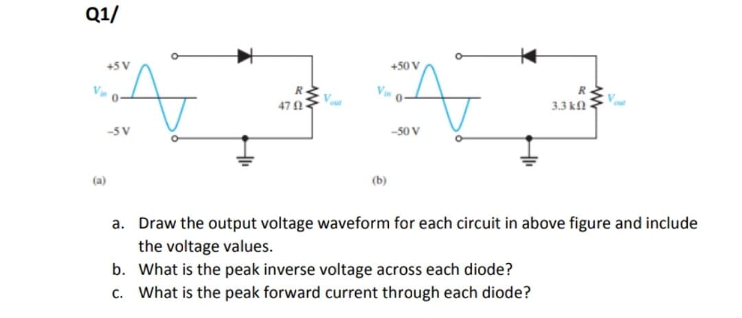 Q1/
+5 V
+50 V
V
R.
Vin
R
47 N
3.3 kN
-5 V
-50 V
(a)
(b)
a. Draw the output voltage waveform for each circuit in above figure and include
the voltage values.
b. What is the peak inverse voltage across each diode?
c. What is the peak forward current through each diode?
