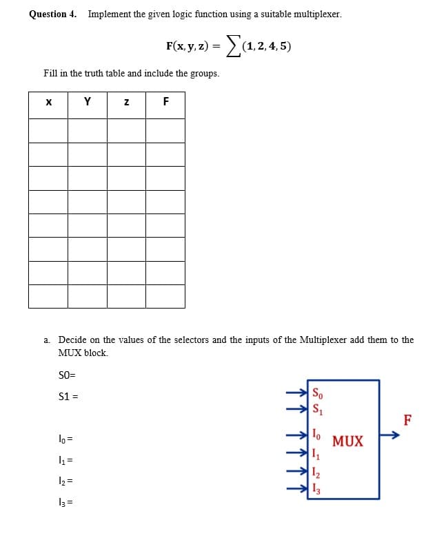 Question 4. Implement the given logic function using a suitable multiplexer.
F(x, y, z) = (1,2,4, 5)
Fill in the truth table and include the groups.
Y
F
a. Decide on the values of the selectors and the inputs of the Multiplexer add them to the
MUX block.
SO=
S1 =
So
F
lo =
MUX
1 =
I2
12 =
13 =
