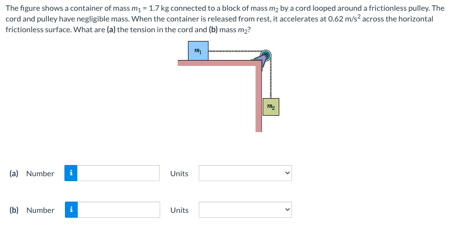The figure shows a container of mass m1 = 1.7 kg connected to a block of mass m2 by a cord looped around a frictionless pulley. The
cord and pulley have negligible mass. When the container is released from rest, it accelerates at 0.62 m/s² across the horizontal
frictionless surface. What are (a) the tension in the cord and (b) mass m2?
(a) Number
i
Units
(b) Number
i
Units
>
>
