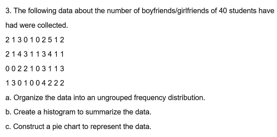 3. The following data about the number of boyfriends/girlfriends of 40 students have
had were collected.
2130102512
2143113411
0022103113
1301004222
a. Organize the data into an ungrouped frequency distribution.
b. Create a histogram to summarize the data.
c. Construct a pie chart to represent the data.
