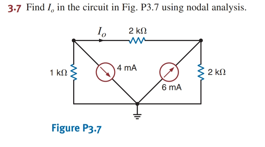 3.7 Find I, in the circuit in Fig. P3.7 using nodal analysis.
2 kN
4 mA
1 kN
2 kN
6 mA
Figure P3.7
