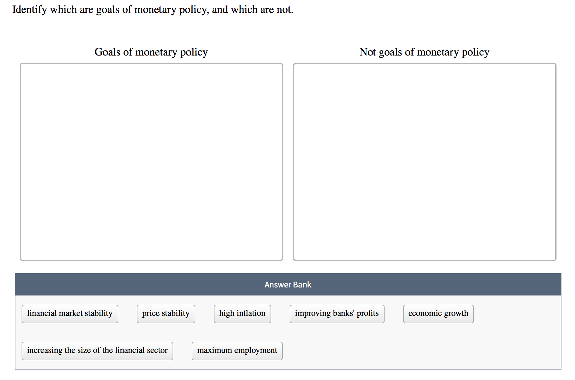 Identify which are goals of monetary policy, and which are not.
Goals of monetary policy
Not goals of monetary policy
