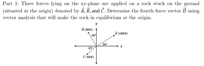 Part 1: Three forces lying on the xy-plane are applied on a rock stuck on the ground
(situated at the origin) denoted by Ä, B, and Č. Determine the fourth force vector D using
vector analysis that will make the rock in cquilibrium at the origin.
y
B (80N)
Ã (100N)
30
45°,
C (40N)

