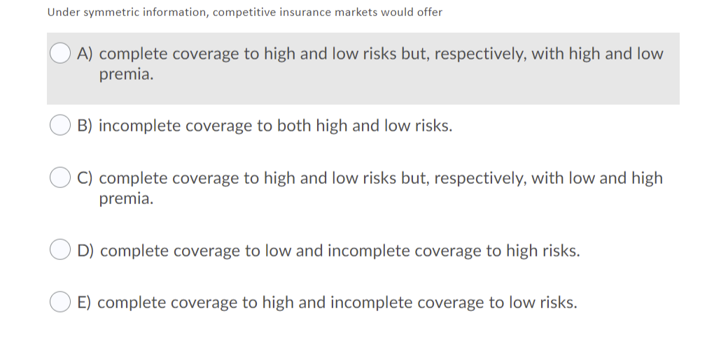 Under symmetric information, competitive insurance markets would offer
A) complete coverage to high and low risks but, respectively, with high and low
premia.
B) incomplete coverage to both high and low risks.
C) complete coverage to high and low risks but, respectively, with low and high
premia.
D) complete coverage to low and incomplete coverage to high risks.
E) complete coverage to high and incomplete coverage to low risks.
