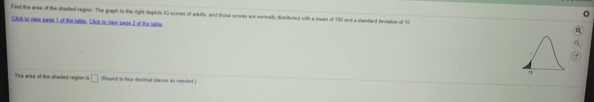 Find the area of the shaded region. The graph to the right depicts IQ scores of adults, and those scores are normally distributed with a mean of 100 and a standard deviation of 15
Click to view. pags 1 of the table, Click to view pag9.2. of the table
75
The area of the shaded region is (Round to four decimal places as needed )
