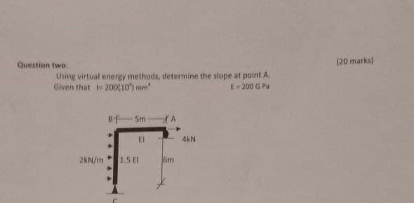 Question two
(20 marks)
Using virtual energy methods, determine the slope at point A.
Given that 200(10) mm
E= 200 G Pa
5m
El
4kN
2kN/m
1.5 El
