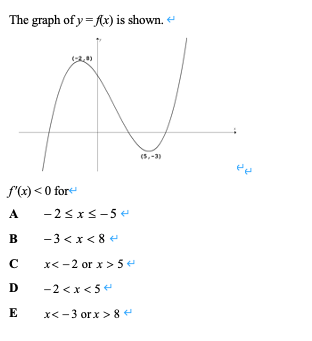 The graph of y= fx) is shown. e
(5,-3)
f'(x) <0 for
A
-2<xs-5 e
В
-3 <x< 8 e
x< -2 or x > 5 -
D
-2 <x<5
E
x< -3 orx > 8
