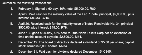 Journalize the following transactions:
i.
ii.
iii.
iv.
V.
vi.
February 1. Signed a 60-day, 10% note, $5,000.00. R80.
April 2. Paid cash for the maturity value of the Feb. 1 note: principal, $5,000.00, plus
interest, $83.33. C215.
April 20. Received cash for the maturity value of Notes Receivable No. 34: principal
$500.00, plus interest, $45.00. R78.
June 1. Signed a 90-day, 18% note to True North Toilets Corp. for an extension of
time on this account payable, $2,500.00. M44.
December 15. The board of directors declared a dividend of $5.00 per share; capital
stock issued is 3,000 shares. M234.
December 31. Paid cash for dividend declared December 15. C345.