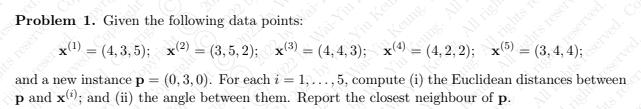 Problem 1.
the following data points:
x(1)
(4, 3, 5); x(2)
eser
ved
a new instance p =
and
= (3, 5, 2);
p and x); and (ii) the angle between them. Report the closest neighbour of p.
Vai-
Wai-Yiu
x(3)
(0, 3, 0). For each i = 1,.,5, compute (i) the Euclidean distances between
Var Yin Keung.
Yiu eung. All
All rig!
FAIL rights
!!
....
ts reserv
served. Co
eserved.
