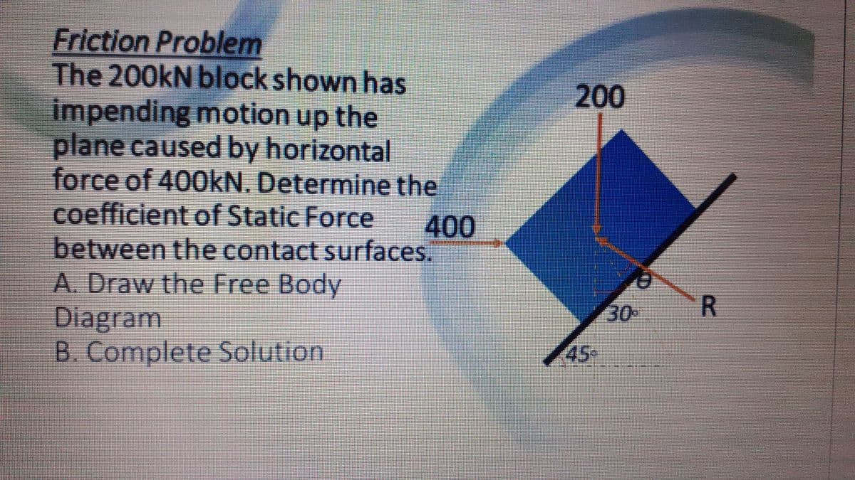 Friction Problem
The 200kN block shown has
impending motion up the
plane caused by horizontal
force of 400kN. Determine the
coefficient of Static Force
between the contact surfaces.
A. Draw the Free Body
Diagram
B. Complete Solution
200
400
30%
R
45
