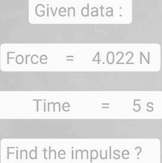 Given data :
Force
4.022 N
Time
5 s
Find the impulse ?
||