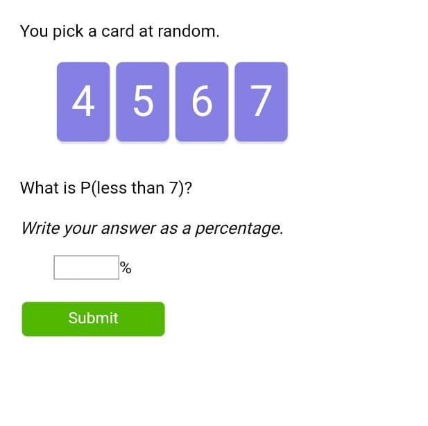 You pick a card at random.
567
What is P(less than 7)?
Write your answer as a percentage.
%
Submit
