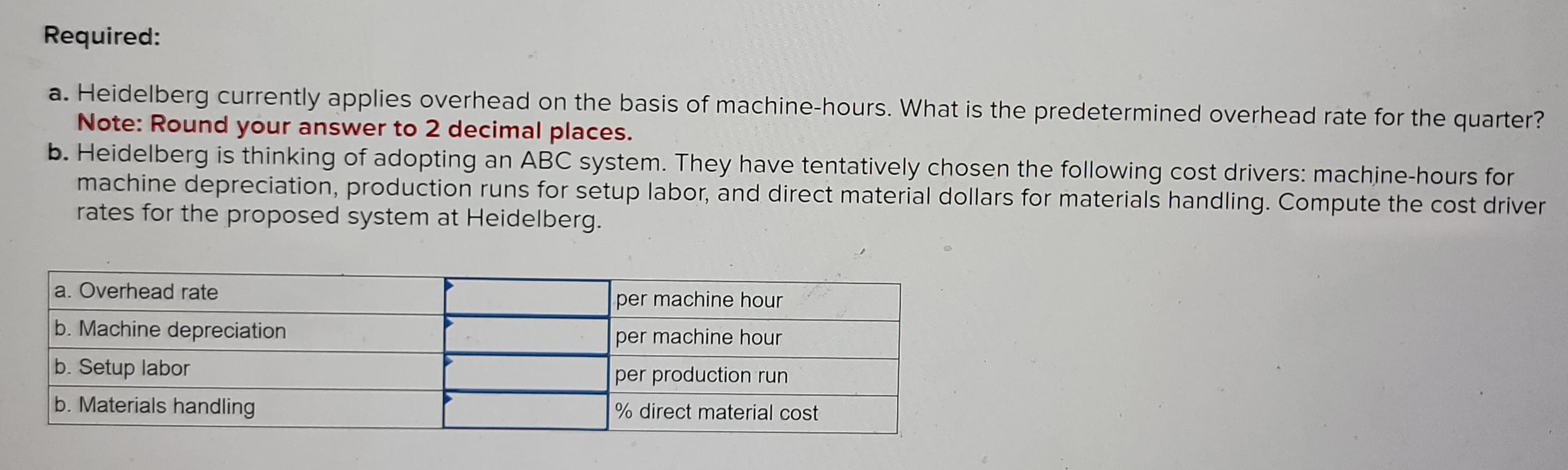 Required:
a. Heidelberg currently applies overhead on the basis of machine-hours. What is the predetermined overhead rate for the quarter?
Note: Round your answer to 2 decimal places.
b. Heidelberg is thinking of adopting an ABC system. They have tentatively chosen the following cost drivers: machine-hours for
machine depreciation, production runs for setup labor, and direct material dollars for materials handling. Compute the cost driver
rates for the proposed system at Heidelberg.
a. Overhead rate
b. Machine depreciation
b. Setup labor
b. Materials handling
per machine hour
per machine hour
per production run
% direct material cost