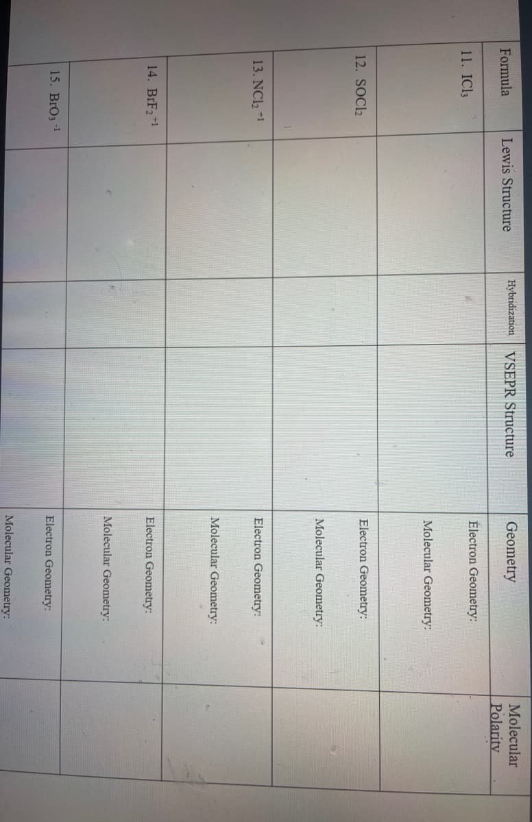 Hybridization
VSEPR Structure
Geometry
Molecular
Formula
Lewis Structure
Polarity
Électron Geometry:
11. IC33
Molecular Geometry:
Electron Geometry:
12. SOCI2
Molecular Geometry:
13. NCl2 *1
Electron Geometry:
Molecular Geometry:
14. BIF2+1
Electron Geometry:
Molecular Geometry:
15. BrO3 -1
Electron Geometry:
Molecular Geometry:
