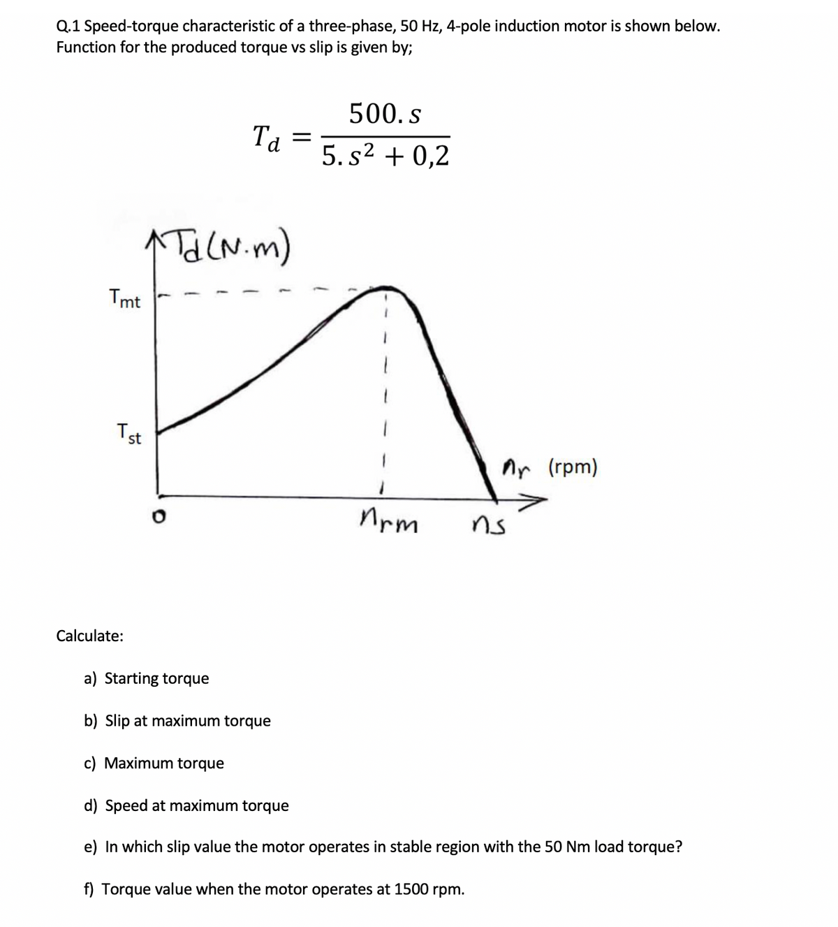 Q.1 Speed-torque characteristic of a three-phase, 50 Hz, 4-pole induction motor is shown below.
Function for the produced torque vs slip is given by;
500. s
Та
5. s2 + 0,2
MalNim)
Tmt
Tst
ny (rpm)
Nrm
ns
Calculate:
a) Starting torque
b) Slip at maximum torque
c) Maximum torque
d) Speed at maximum torque
e) In which slip value the motor operates in stable region with the 50 Nm load torque?
f) Torque value when the motor operates at 1500 rpm.
