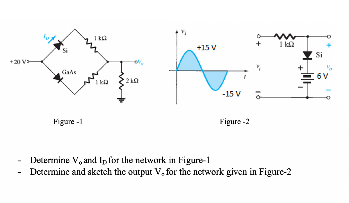 1 k2
1
1 k2
+15 V
Si
Si
+20 V
GaAs
6 V
1 k2
2 kN
-15 V
Figure -1
Figure -2
Determine Vo and Ip for the network in Figure-1
Determine and sketch the output V, for the network given in Figure-2
+
