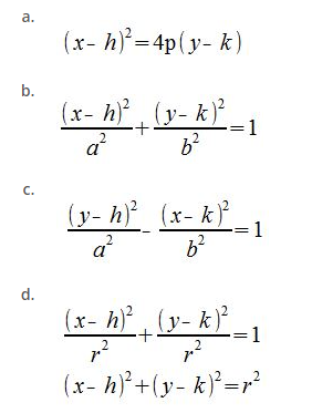 a.
b.
C.
d.
(x- h)²=4p(y- k)
(x- h)²_ (y- k) ².
+
2
a²
(y- h)²
a²
2
6²
2
7²
(x- h)², (y- k)
+
(x-k)²
b²
2
= 1
2
7.²
-= 1
= 1
2
(x- h)²+(y- k)² = r²