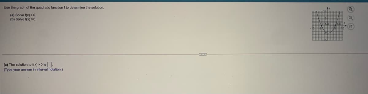 Use the graph of the quadratic function f to determine the solution.
(a) Solve f(x) > 0.
(b) Solve f(x) s0.
(a) The solution to f(x) >0 is.
(Type your answer
interval notation.)
