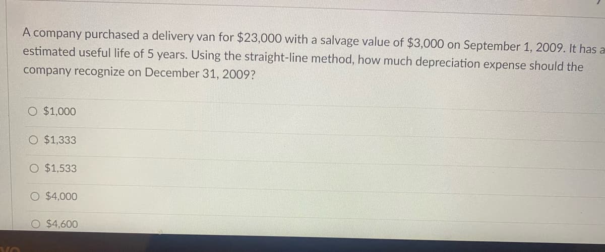 A company purchased a delivery van for $23,000 with a salvage value of $3,000 on September 1, 2009. It has a
estimated useful life of 5 years. Using the straight-line method, how much depreciation expense should the
company recognize on December 31, 2009?
O $1,000
O $1,333
O $1,533
O $4,000
O $4,600
