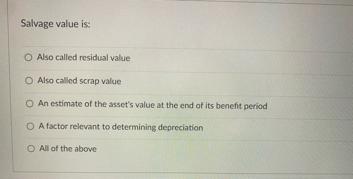Salvage value is:
O Also called residual value
Also called scrap value
O An estimate of the asset's value at the end of its benefit period
O A factor relevant to determining depreciation
O All of the above
