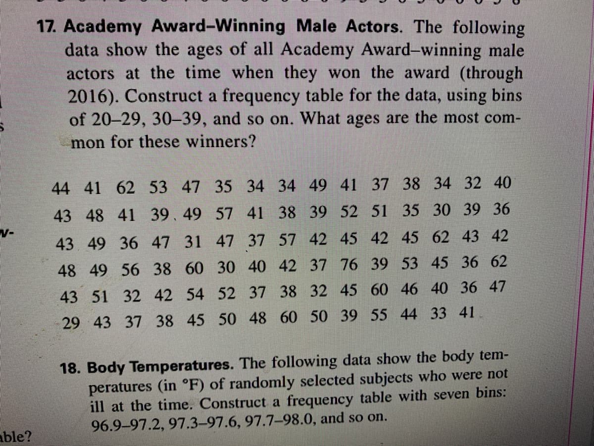 17. Academy Award-Winning Male Actors. The following
data show the ages of all Academy Award-winning male
actors at the time when they won the award (through
2016). Construct a frequency table for the data, using bins
of 20-29, 30-39, and so on. What ages are the most com-
mon for these winners?
44 41 62 53 47 35 34 34 49 41 37 38 34 32 40
43 48 41 39.49 57 41 38 39 52 51 35 30 39 36
43 49 36 47 31 47 37 57 42 45 42 45 62 43 42
48 49 56 38 60 30 40 42 37 76 39 53 45 36 62
43 51 32 42 54 52 37 38 32 45 60 46 40 36 47
29 43 37 38 45 50 48 60 50 39 55 44 33 41
18. Body Temperatures. The following data show the body tem-
peratures (in °F) of randomly selected subjects who were not
ill at the time. Construct a frequency table with seven bins:
96.9-97.2, 97.3–97.6, 97.7-98.0, and so on.
able?
