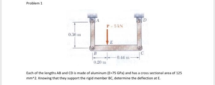Problem 1
P- 5 kN
0.36 m
E
0.44 m
0.20 m
Each of the lengths AB and CD is made of aluminum (E=75 GPa) and has a cross sectional area of 125
mm^2. Knowing that they support the rigid member BC, determine the deflection at E.
