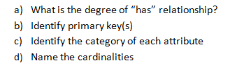 a) What is the degree of "has" relationship?
b) Identify primary key(s)
c) Identify the category of each attribute
d) Name the cardinalities
