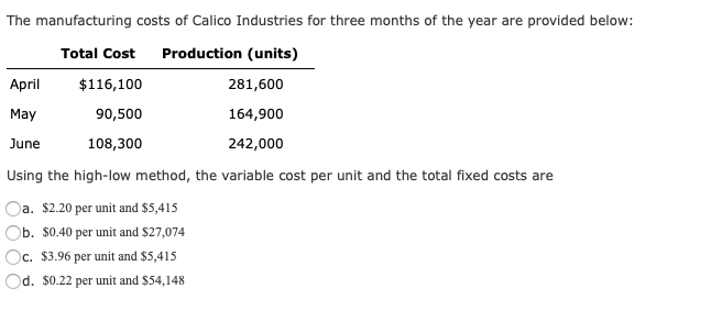 The manufacturing costs of Calico Industries for three months of the year are provided below:
Total Cost
Production (units)
Аpril
$116,100
281,600
May
90,500
164,900
June
108,300
242,000
Using the high-low method, the variable cost per unit and the total fixed costs are
Oa. $2.20 per unit and $5,415
Ob. $0.40 per unit and $27,074
Oc. $3.96 per unit and $5,415
Od. $0.22
per unit and $54,148
